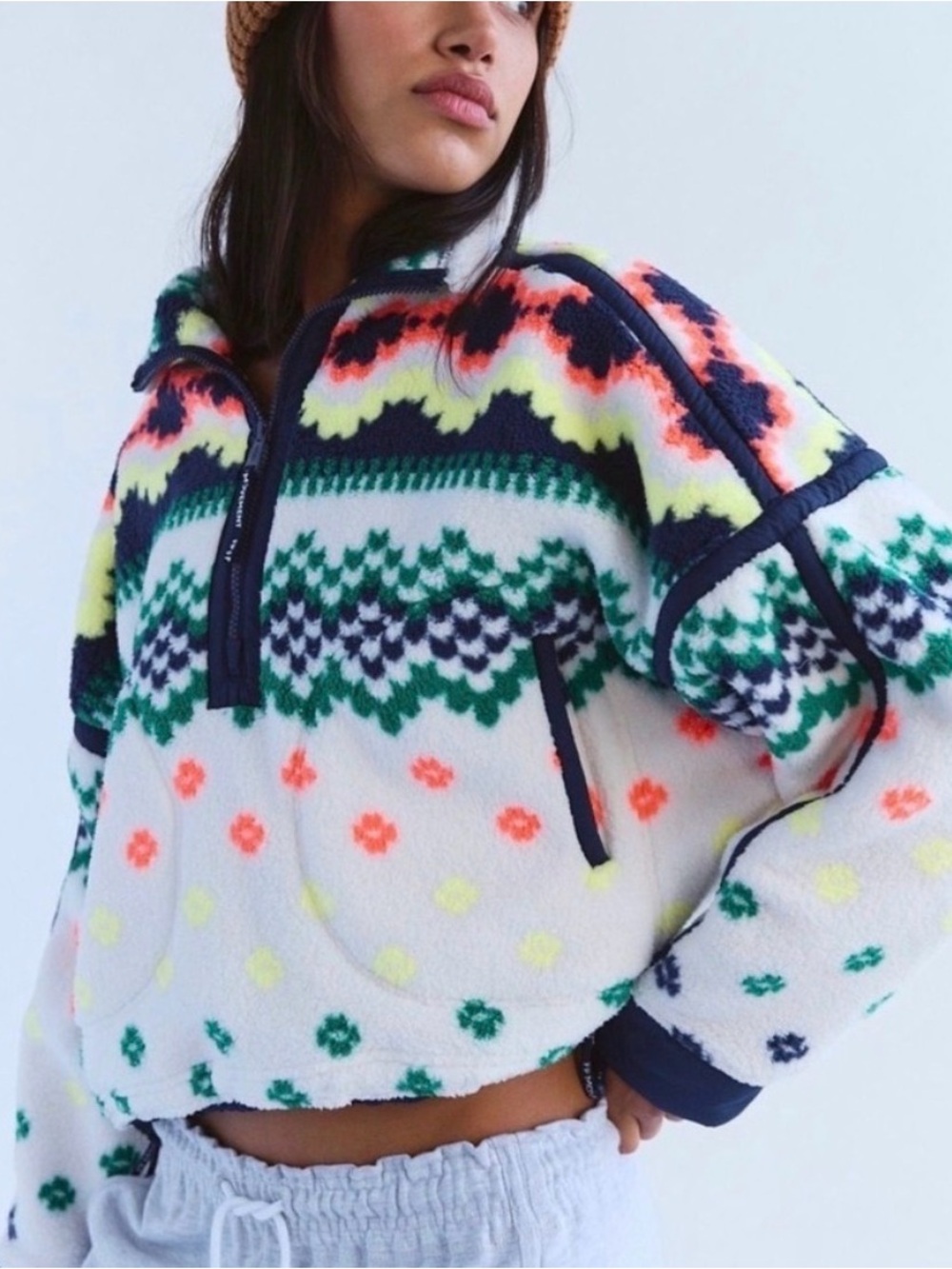 Free People Mountain High printed Half Zip Fleece. NWT isle knit ivory